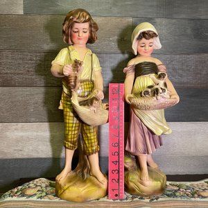 Antique Large Porcelain Figurine French Painted Statues Farm Boy And Girl 23 in